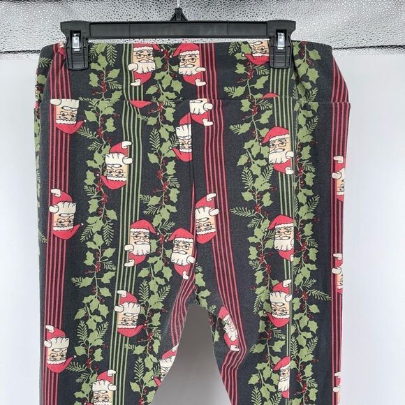 LULAROE Women’s Santa & Holly Red Green Striped High Waist Christmas Leggings - Picture 10 of 14